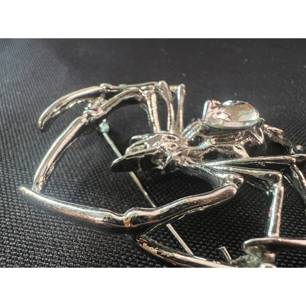 Large Silver‎ Tone Spider Brooch Clear Rhinestone Statement Halloween Gothic